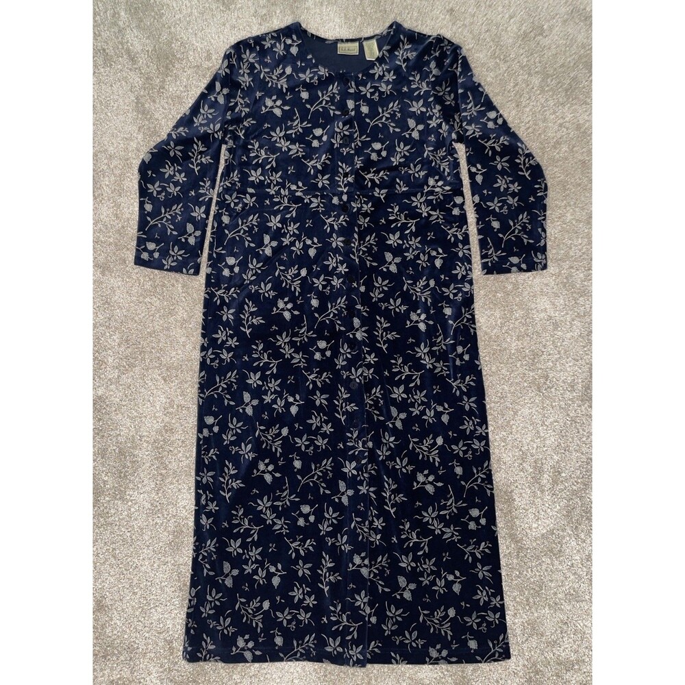 LL Bean Womens VTG Velvet Shirt Dress Small Petite Blue Floral Cottage Prairie